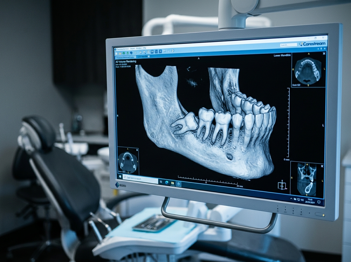Exame de imagem tomográfica demonstrando um dente do siso incluso na mandíbula