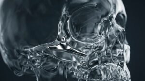 Fotografia em macro hiper-realista de um implante zigomático de titânio cirúrgico perfeitamente ancorado em um modelo de crânio anatômico translúcido, simbolizando a estabilidade biomecânica avançada para reabilitação oral de maxilas atróficas.